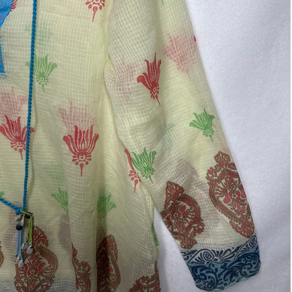 Rara Avis by Iris Apfel Printed Kurta Tunic Top Blouse Semi Sheer Tassels Sz 16 - Picture 5 of 14